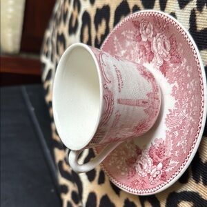 Ole Staffordshire Ware Red and White Floral Teacup and Saucer